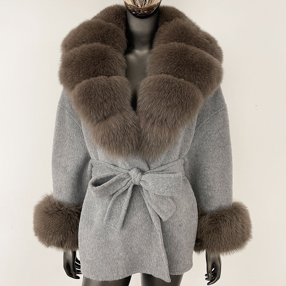 2024 New Autumn and Winter Oversized Fox Collar High-end Double-sided Fur Coat for Women, Mid-length Loose Woolen Jacket