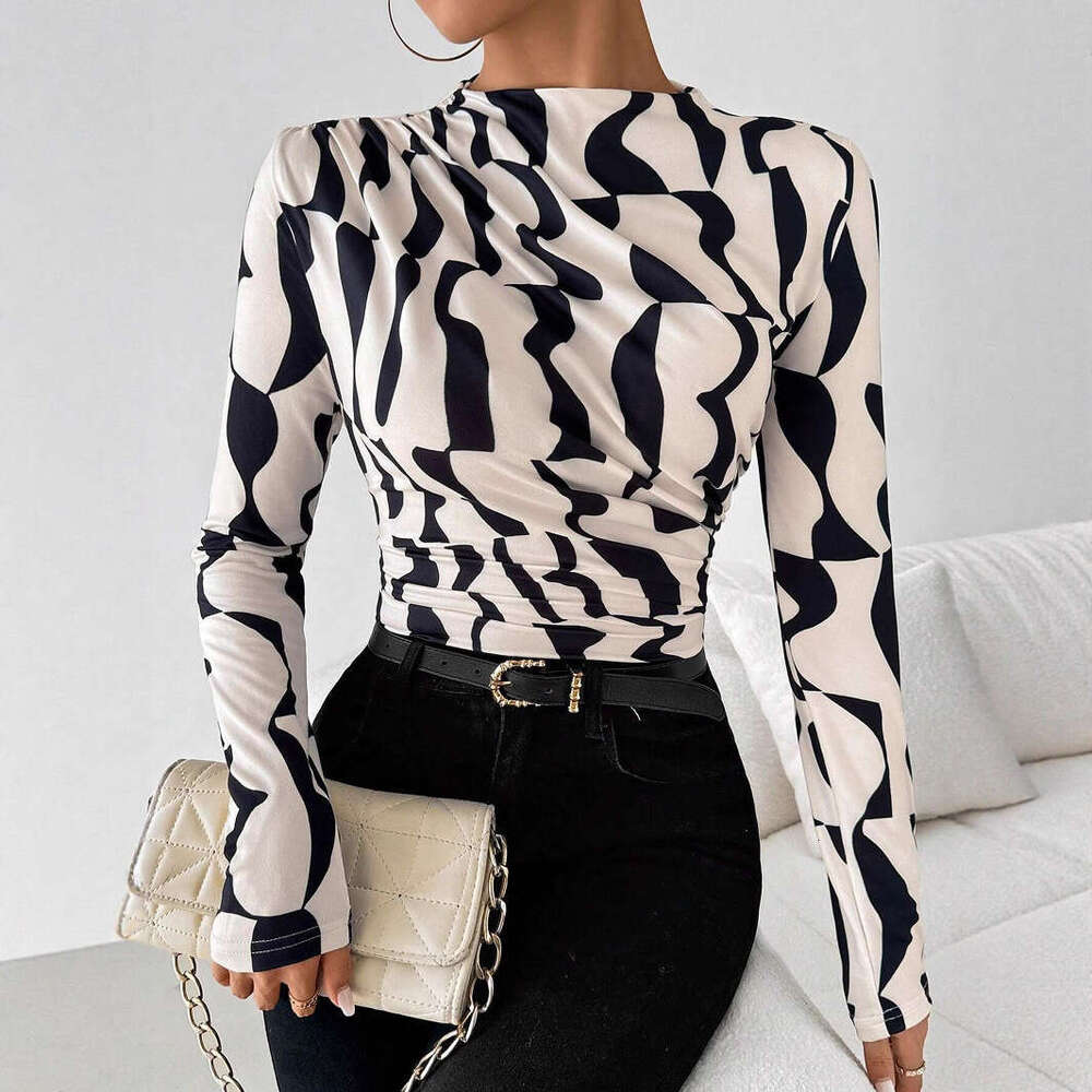 2025 Autumn Winter New Small Stand Collar Ruched Edge Printed Slim Fit Slimming Top for Women