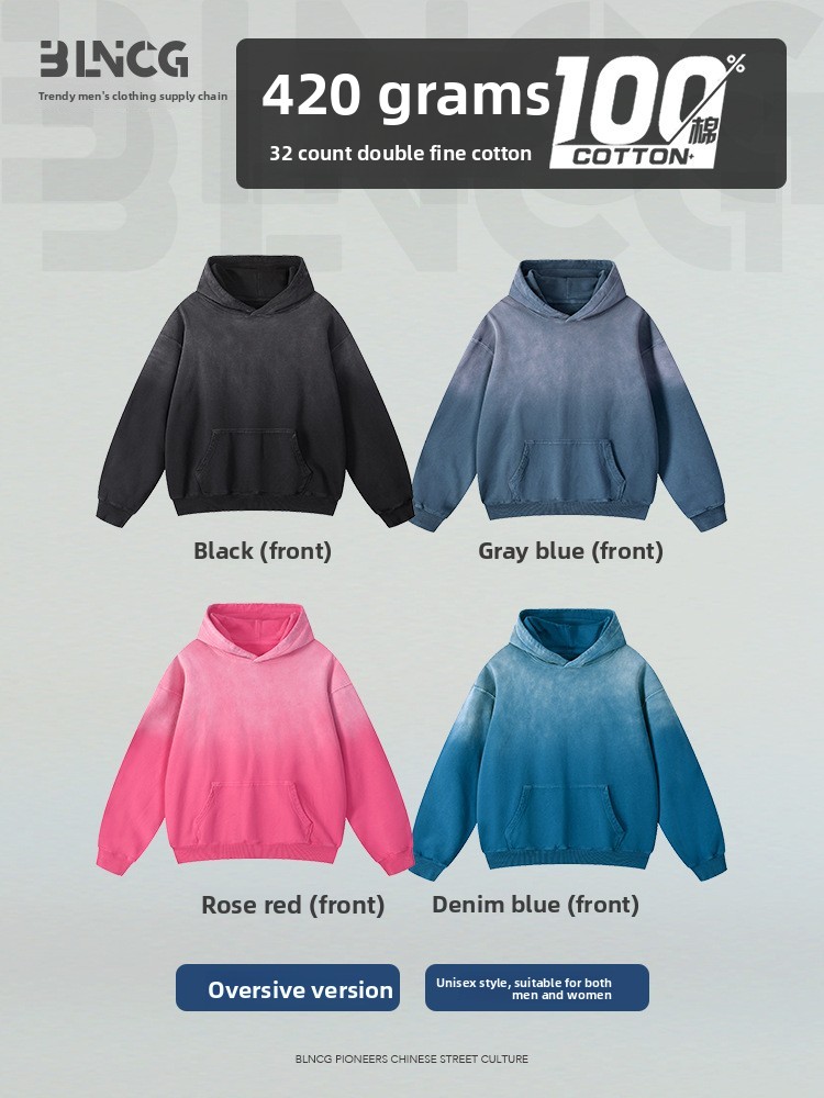 BLNCG Streetwear American 420g Heavyweight Cotton Washed Hoodie - Vintage Gradient, Spray Mosaic, Piece Dyed Jacket-WYM-06