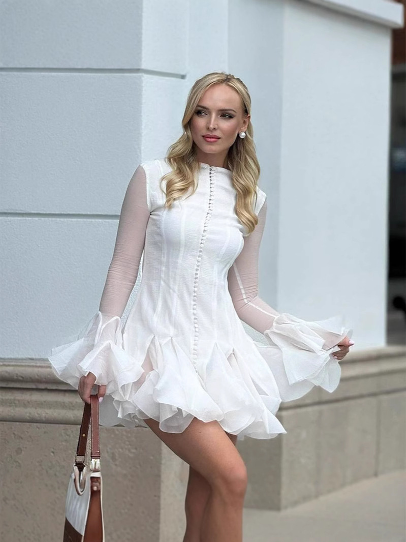X928Ladies spring and autumn new niche design buttoned flower bud long sleeve slim ruffle dress