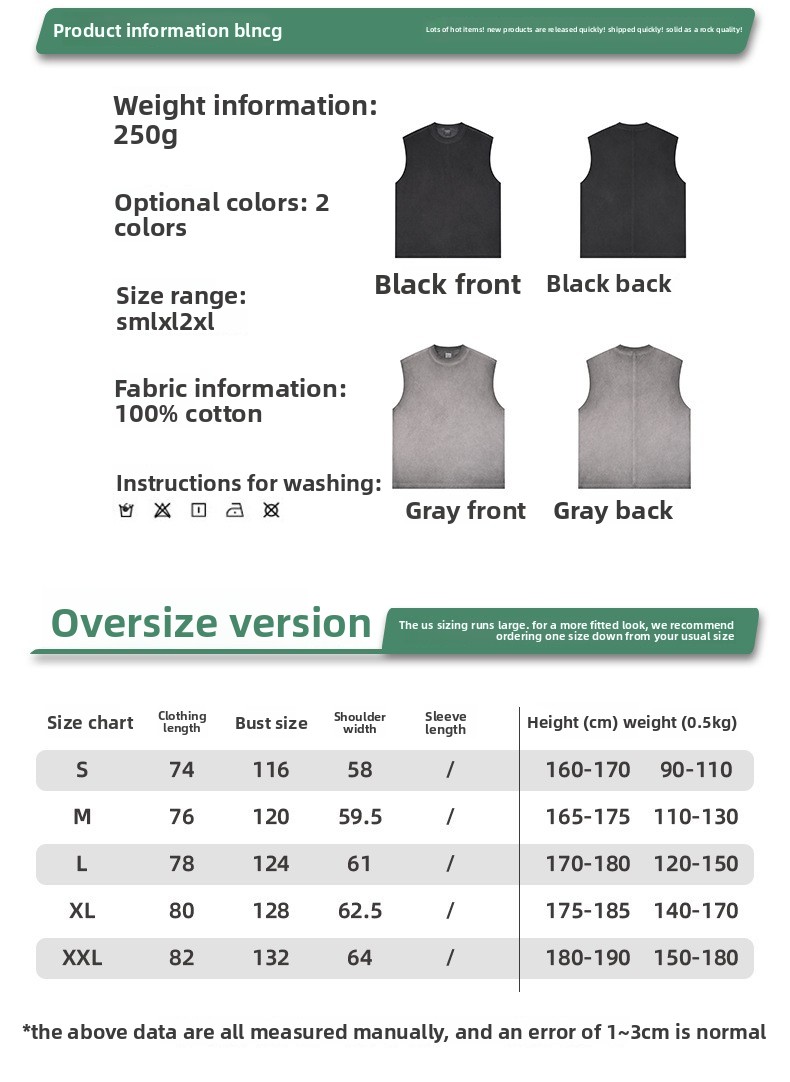 BLNCG Men's Cotton Sleeveless Tee: Summer Paris Hue, Washed Snow Wash, Loose Streetwear Sports Tank Top-KFMBX-10