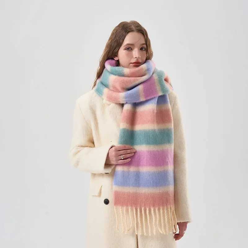 Tassel Scarf Colorful Rainbow Mohair Striped Fashion Couple Neckband Kawaii Winter Warm Thickened Cashmere Scarf Accessories L250928