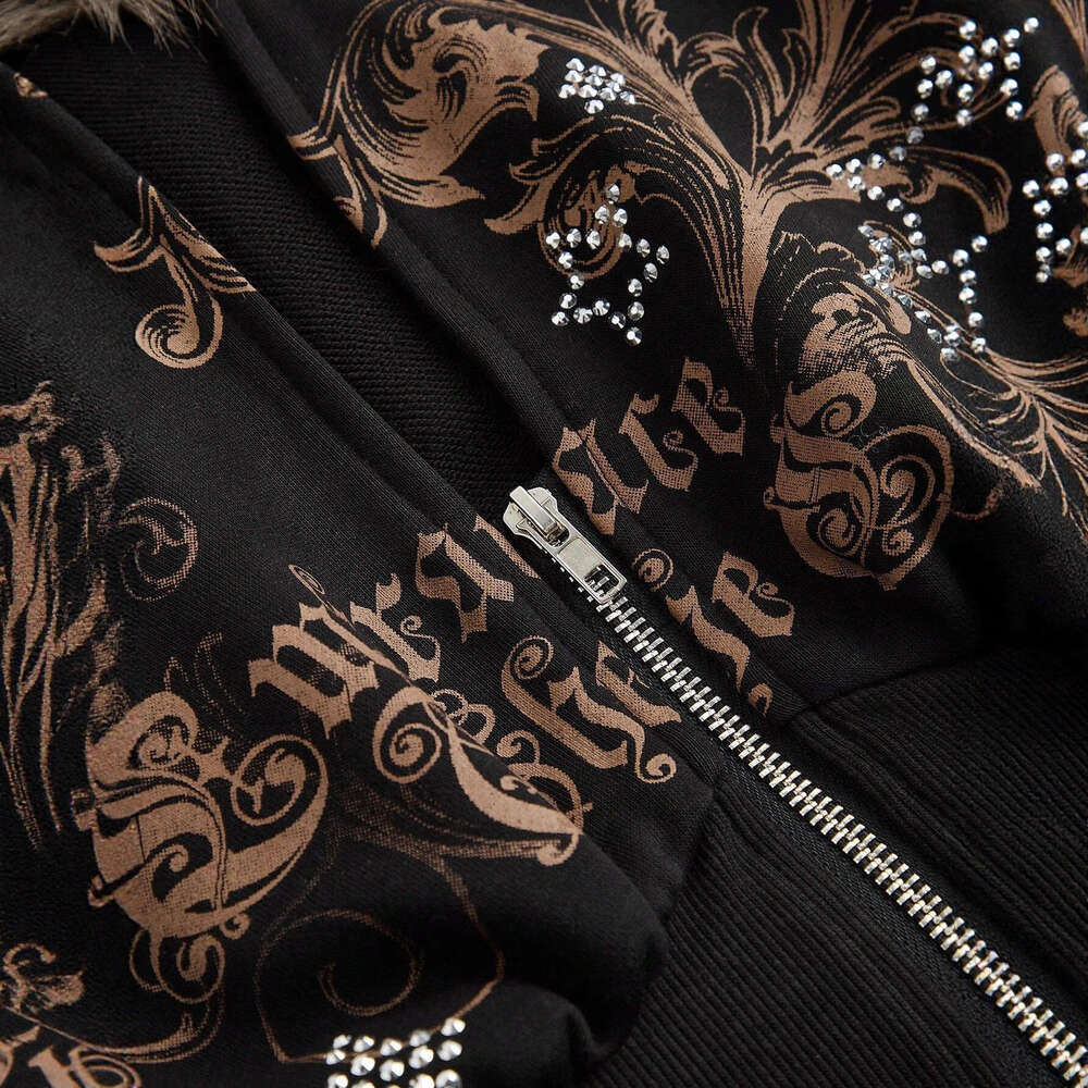 American Style Fur Collar Patchwork Cardigan Sweatshirt Casual Zipper Waist Slimming Short Jacket Top