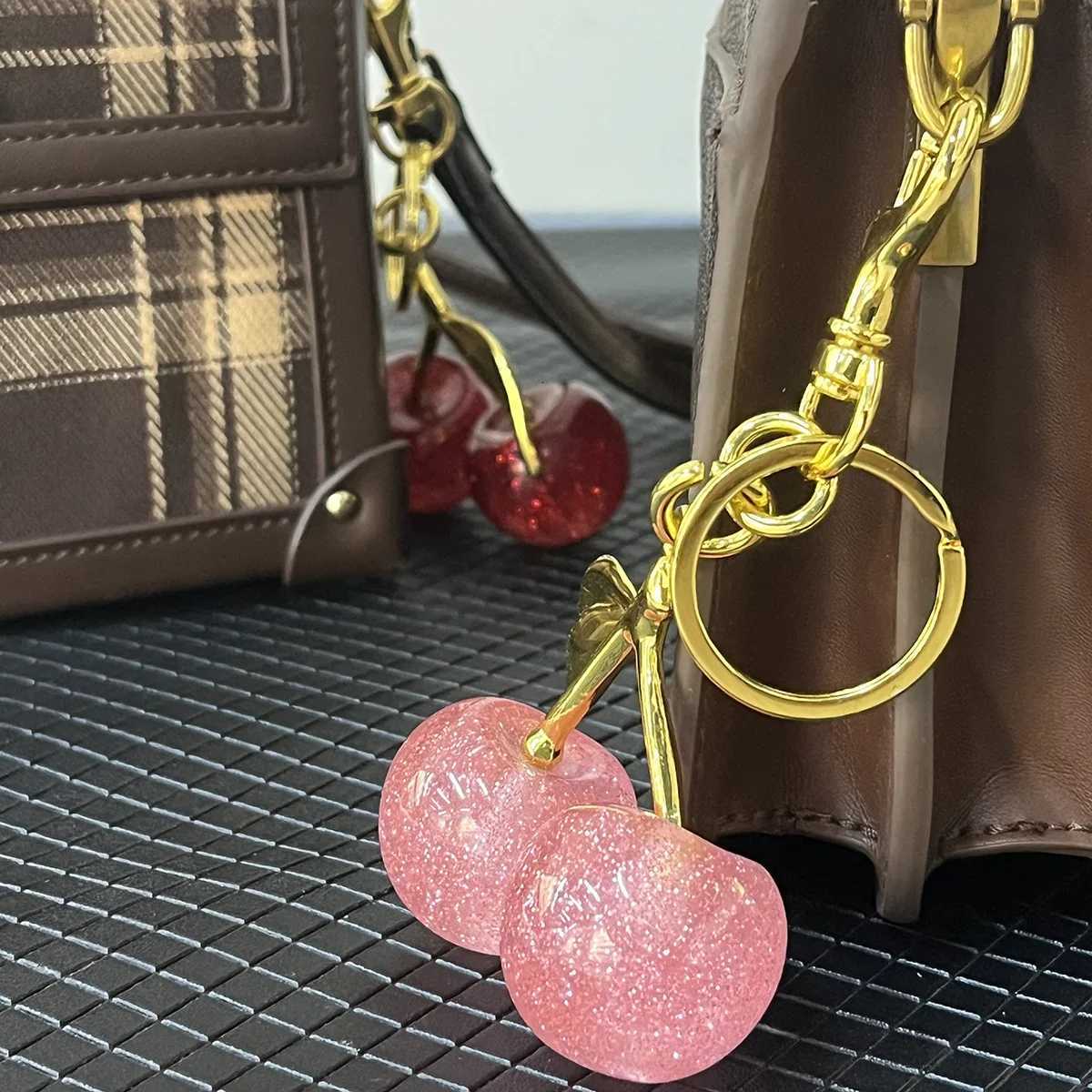 Luxury Decorative Ball Cherry Bag Pendant Keychain Glitter Pink Pendant Car Keychain Resin Accessories Bag Pendant advanced Y250928