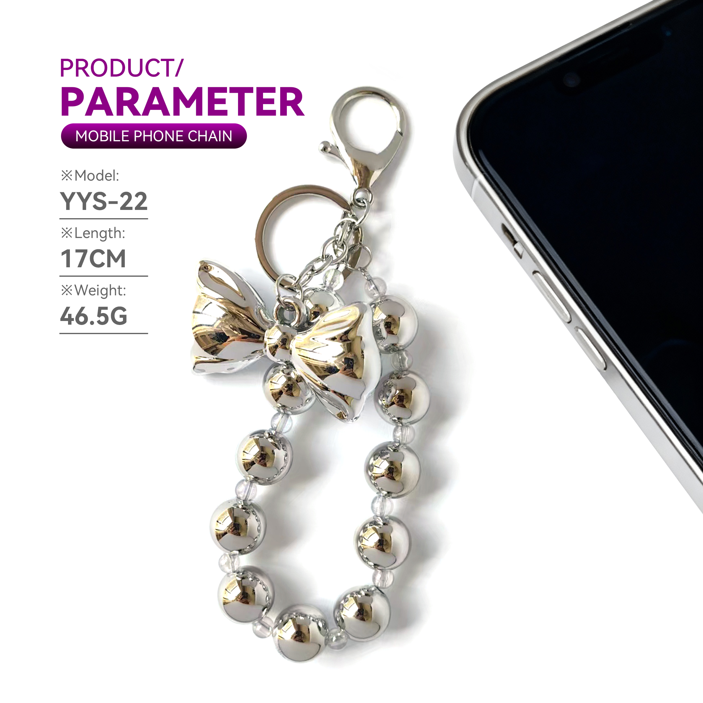 Fashionable metallic pearl bow phone charm, personalized and creatively designed