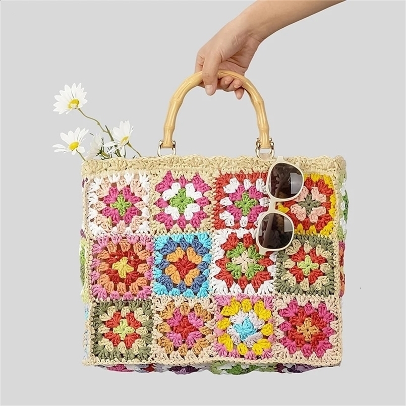 Bohemian Granny Square Straw Tote Bag Bamboo Handle Weave Women Handbags Casual Handmade Summer Beach Bags Large Capacity Purses 240821ZYl