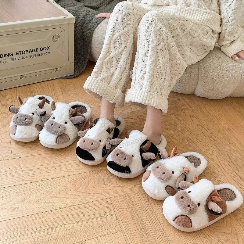 Plush Cow Print Flats for Men Women Comfortable Indoor Non-Skid Footwear Toecover Feature Winter warm cotton shoes Toe Wrap Warm Plaid Cotton Slippers