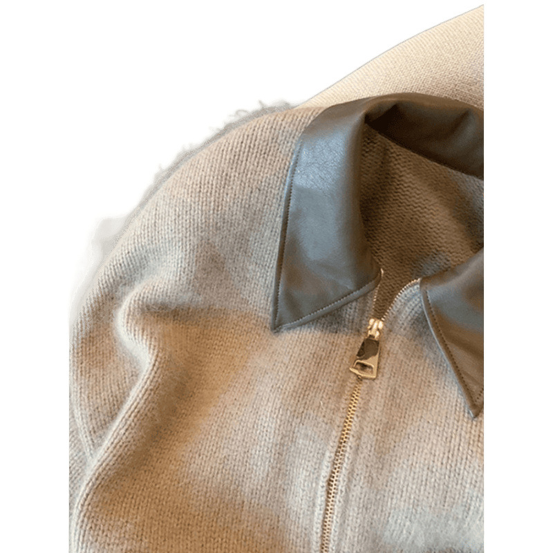 Spliced Leather Collar Knit Sweater Fashion Double Zipper Cardigan Womens Autumn Winter Soft Vintage Long Sleeve Streetwear