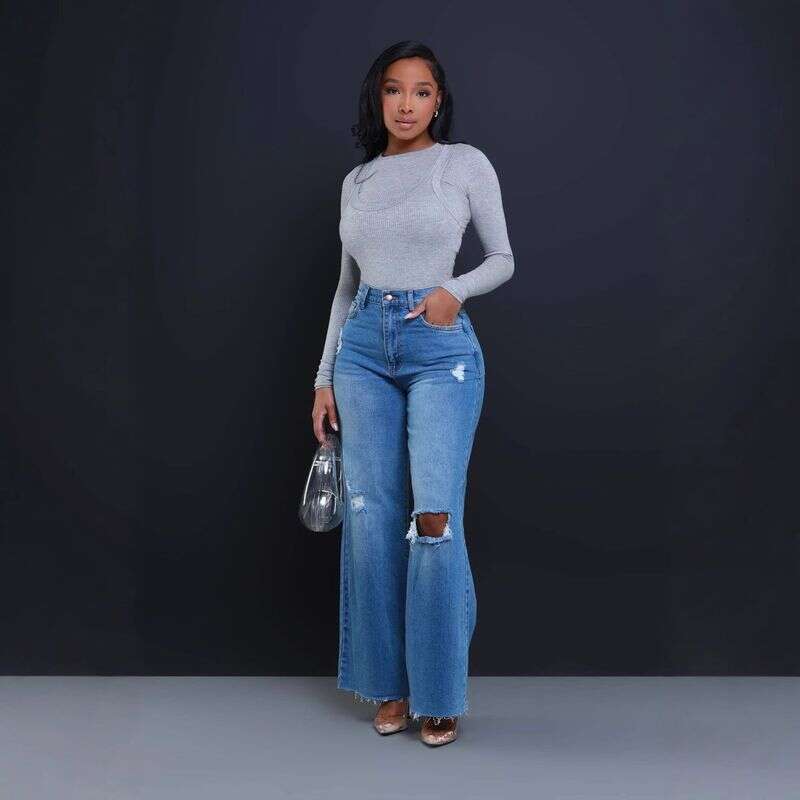 Vintage Fashion Hollow Out Denim Wide Leg Pants Women Zipper Hole Pockets Jeans Female Streetwear Trousers Bottoms