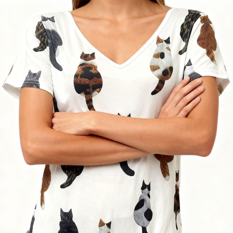 Women's V-Neck Cat Print Short Sleeve Jumpsuit - Milk Silk Fashion Vacation Style Romper with Pockets--CF52491