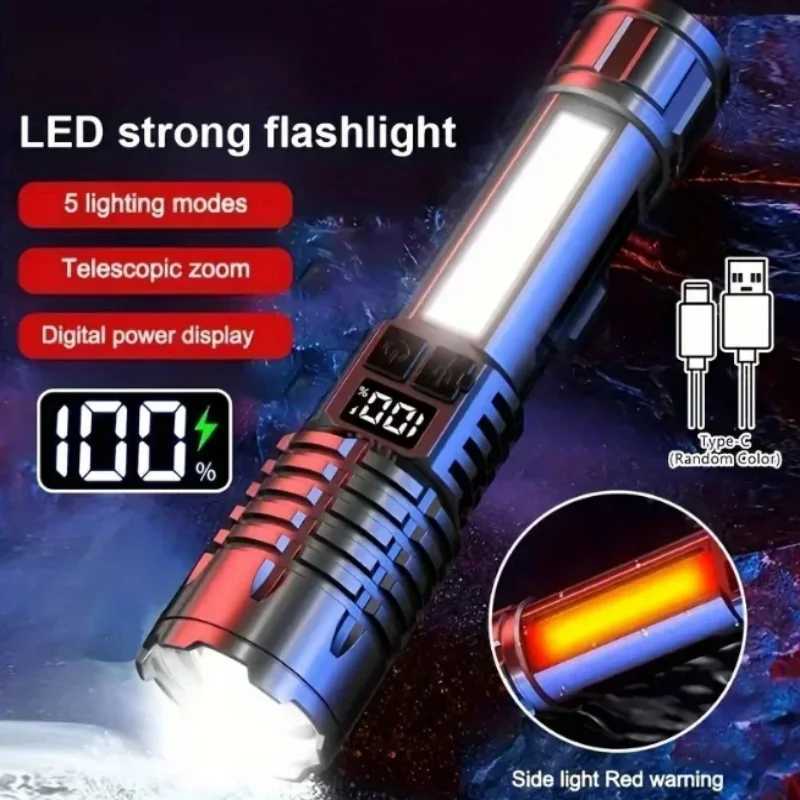 Portable High Power LED Flashlight Powerful TYPEC Rechargeable COB Flashlight With Side Light Torch For Outdoor Camping Hiking D250928