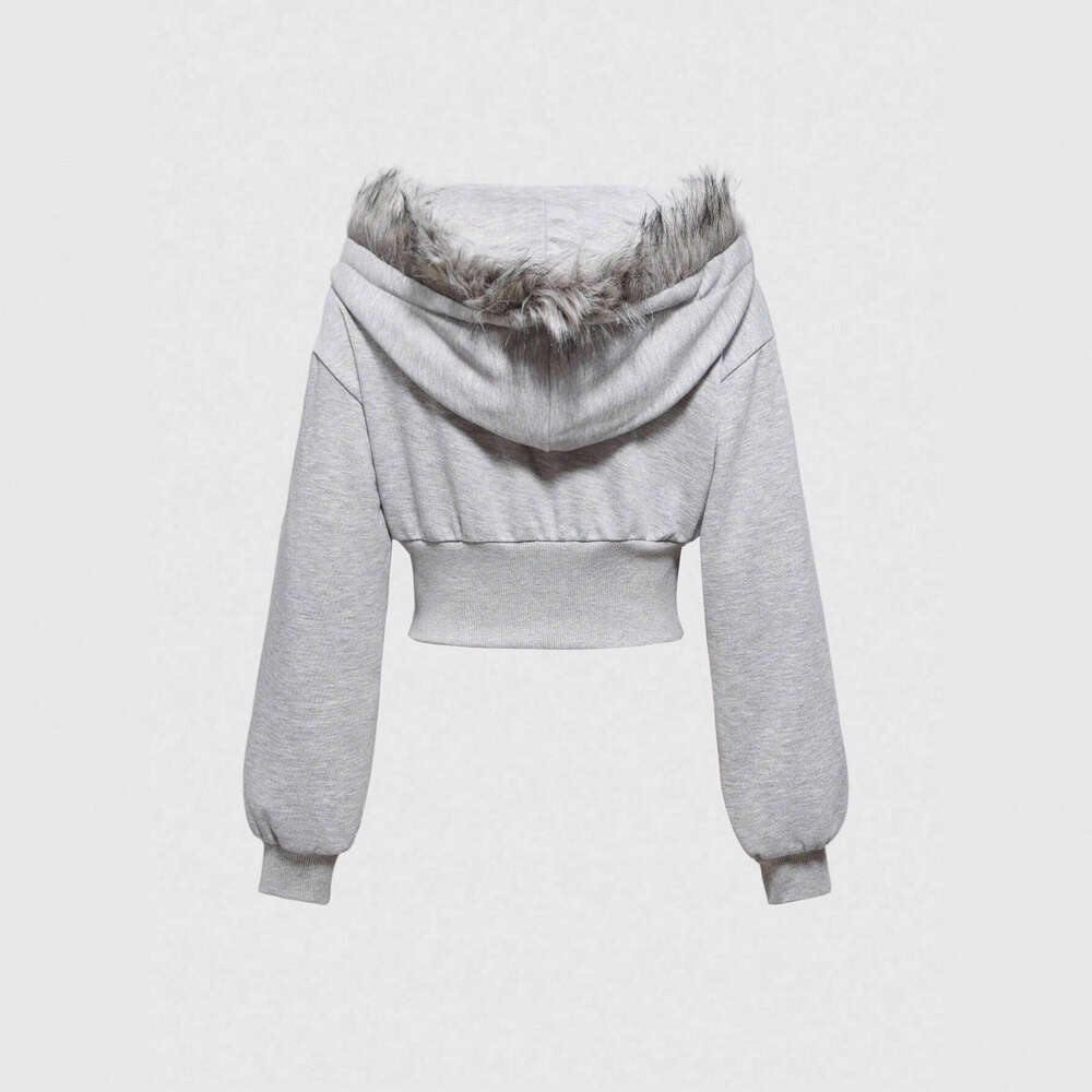 American Style Fur Collar Patchwork Cardigan Sweatshirt Casual Zipper Waist Slimming Short Jacket Top