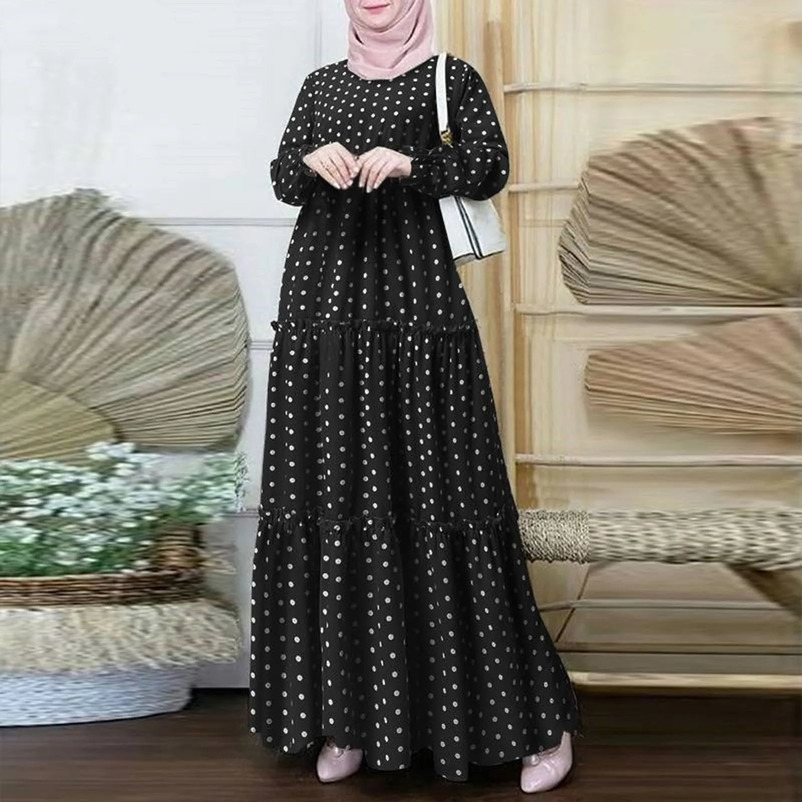 Bohemian Polka Dot Muslim Dresses Abaya Ramadan Dubai Turkey Kaftan For Women Modest Robe Islam Clothing 240715