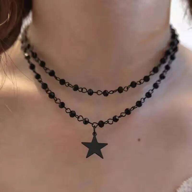 Y2K Punk Double Layered Black Crystal Bead for Women Hip Hop Cool Star Pendant Necklace Fashion Jewelry Accessories