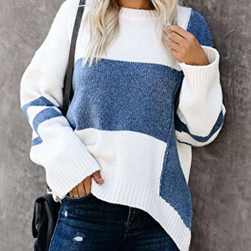 Autumn Winter New Striped Street Style Trendy Sweater Color Block Patchwork Crew Neck Pullover Knitwear