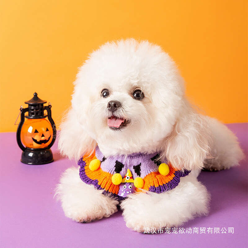 Pet Bib Dog Cat Collar Decoration Neck Warmer Knitted Hat Halloween Pumpkin Costume