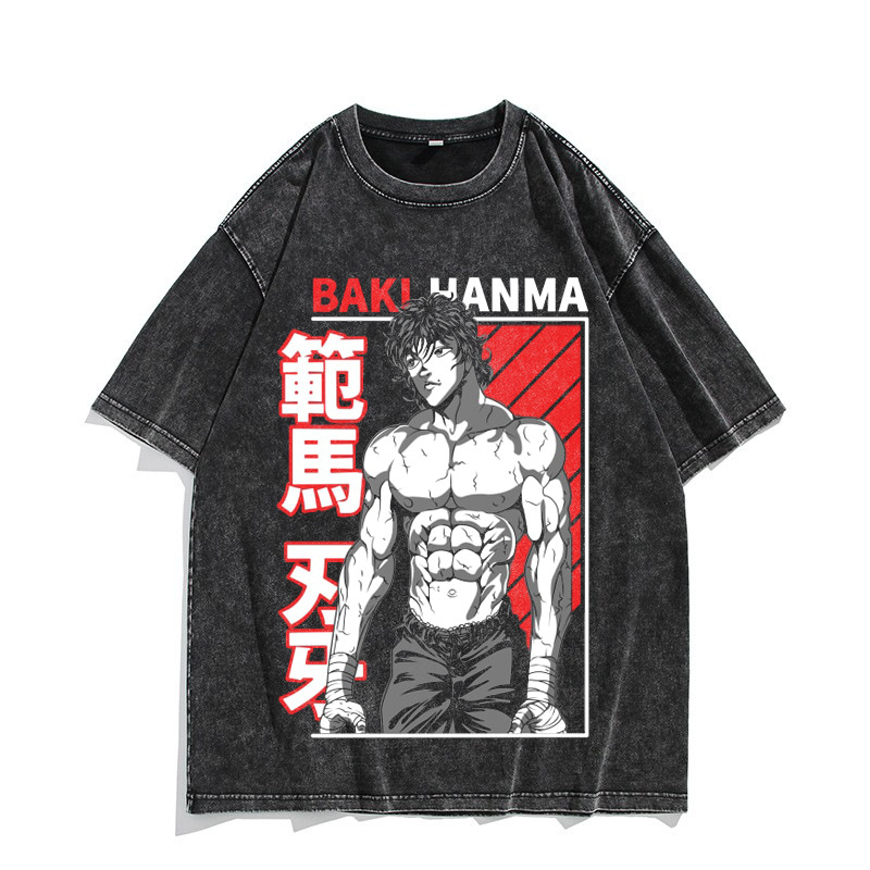 European & American Washed Vintage Short-Sleeve T-Shirt Anime Baki Hanma American High-Street Top - TT8289
