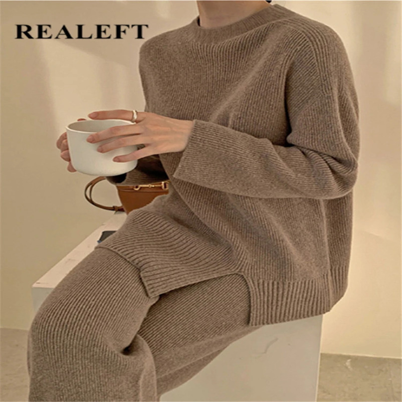 Womens Two Piece Pants REALEFT Autumn and Winter 2Piece Knitted Track Suit ONeck Split Sweater Wide Leg Jogger Zipper Set 231118wtt