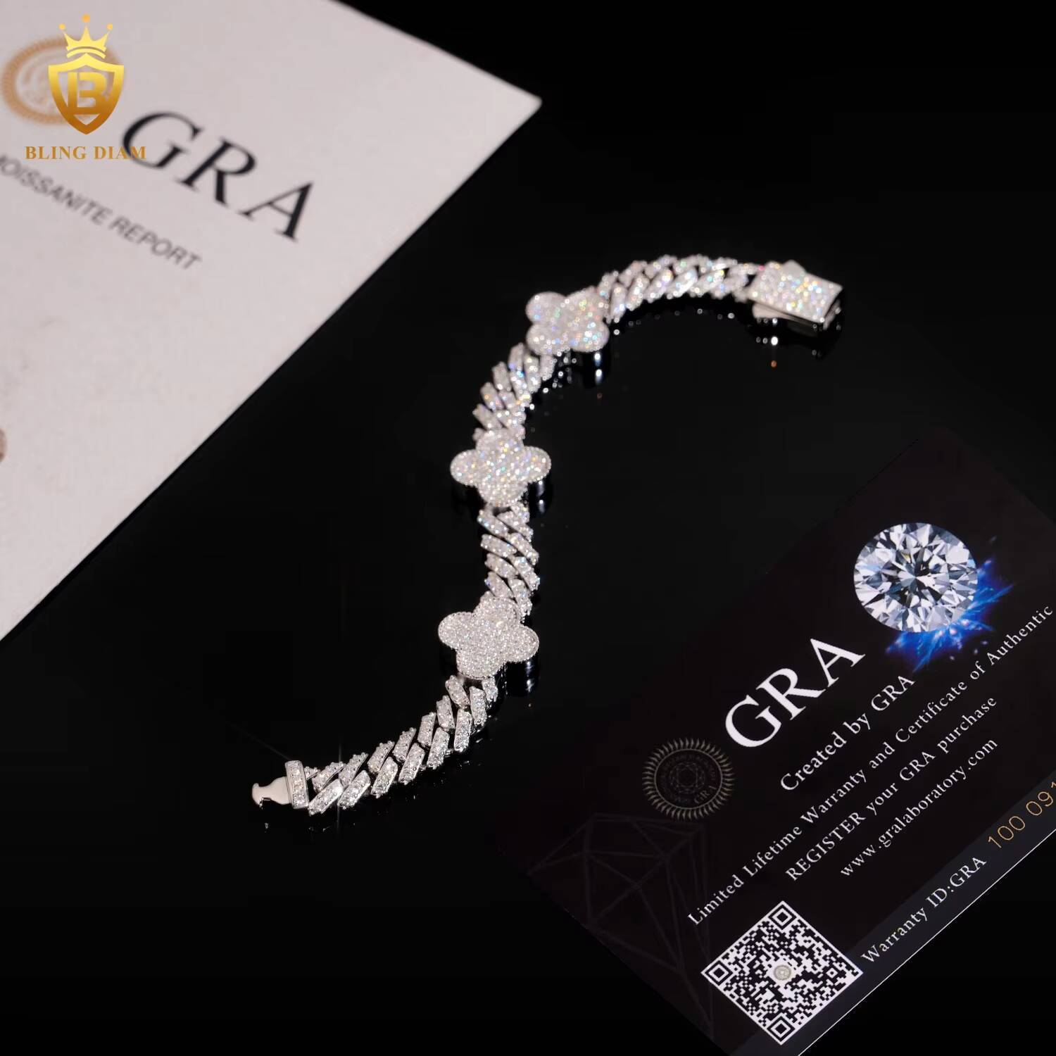 Fashion Four Leaf Clover Link Chain Bracelet 8mm Bracelet Pass Diamond Tester VVS Iced Out Moissanite Hip Hop Chain 925 Silver