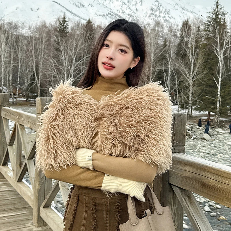 Fashion Long Cashmere Faux Fur Shoulder Shawl Women Party Dress Cape Autumn Winter Plush Scarf Short Wraps 250928