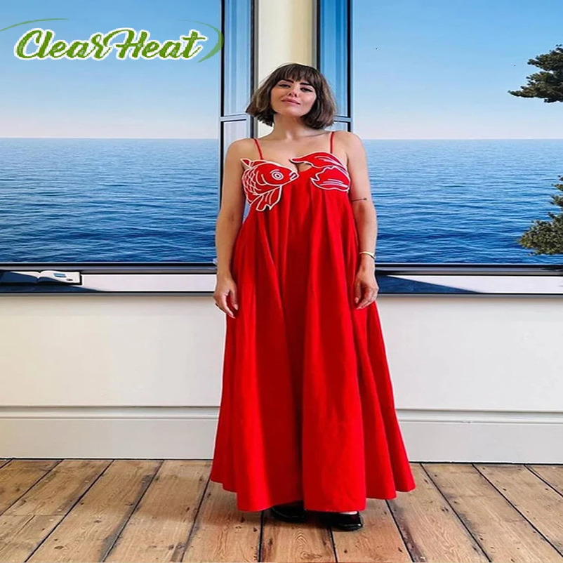 Fashion Chinese Red Fish Shaped Bra Sling Dress Women Sexy Sleeveless Backless Pleat Dresses Elegant Lady Beach Party Robes 240628