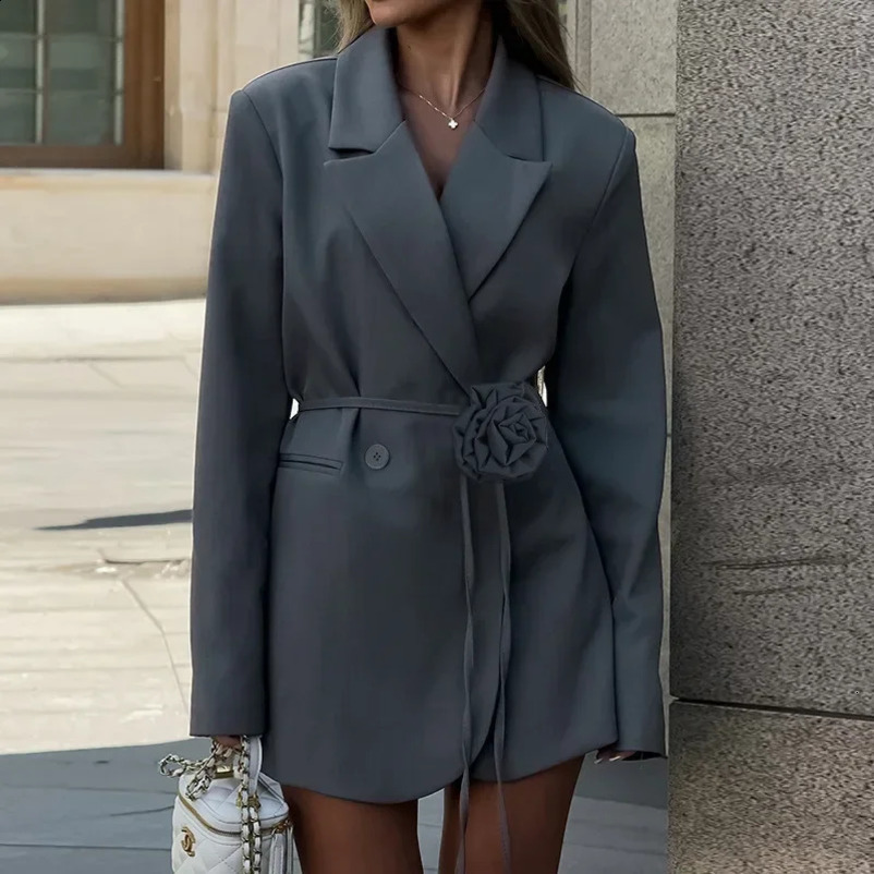 TARUXY Fashion Flower Belt Blazers Office Womens Loose With Pockets Long Sleeve Coat Solid Color Casual Spring 250106