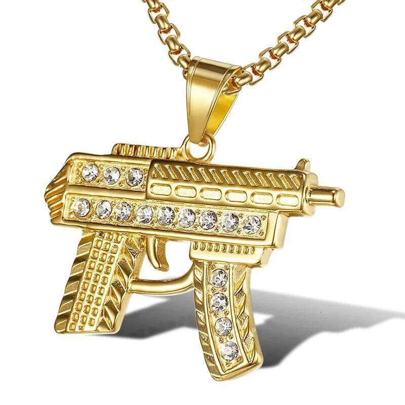 Fashion Gold Color Subhine gun Link Chain Pedant Necklace zircon Stainless steel Choker Hip Hop For Men Jewelry Collier Male