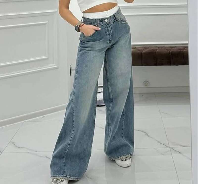 Women's Clothing Retro High Waist Non Elastic Washed Straight Fashion Contrast Color Wide Leg Jeans