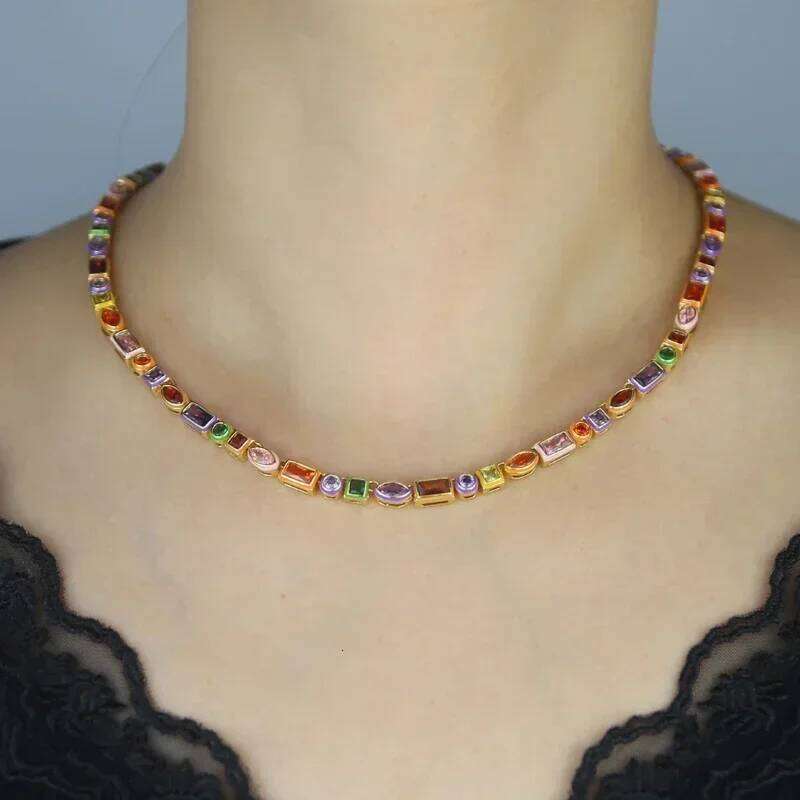 2025 Colorful Rainbow Enamel Geometric Round Square Eye Rectangle Shape Tennis Chain Bracelet Necklace For Women Fashion Jewelry