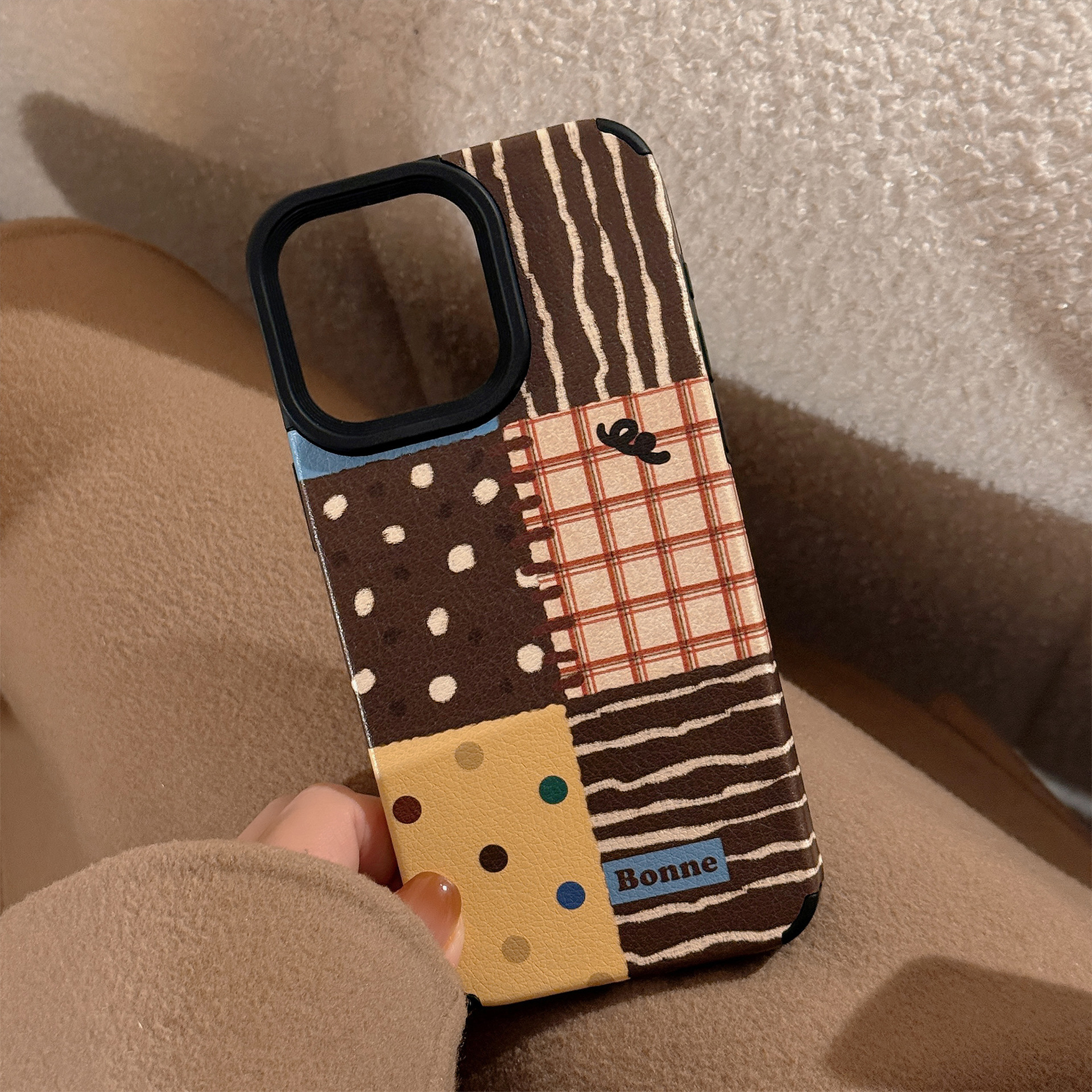 INS Polka Dot Patchwork Compatible iPhone 17 Apple 16 Phone Case 15 Pro Max Leather 14 with Chain 13