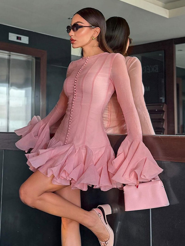 X928Ladies spring and autumn new niche design buttoned flower bud long sleeve slim ruffle dress