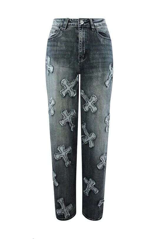 Women's Clothing Washed Denim Cross Hip Hop Straight Trousers