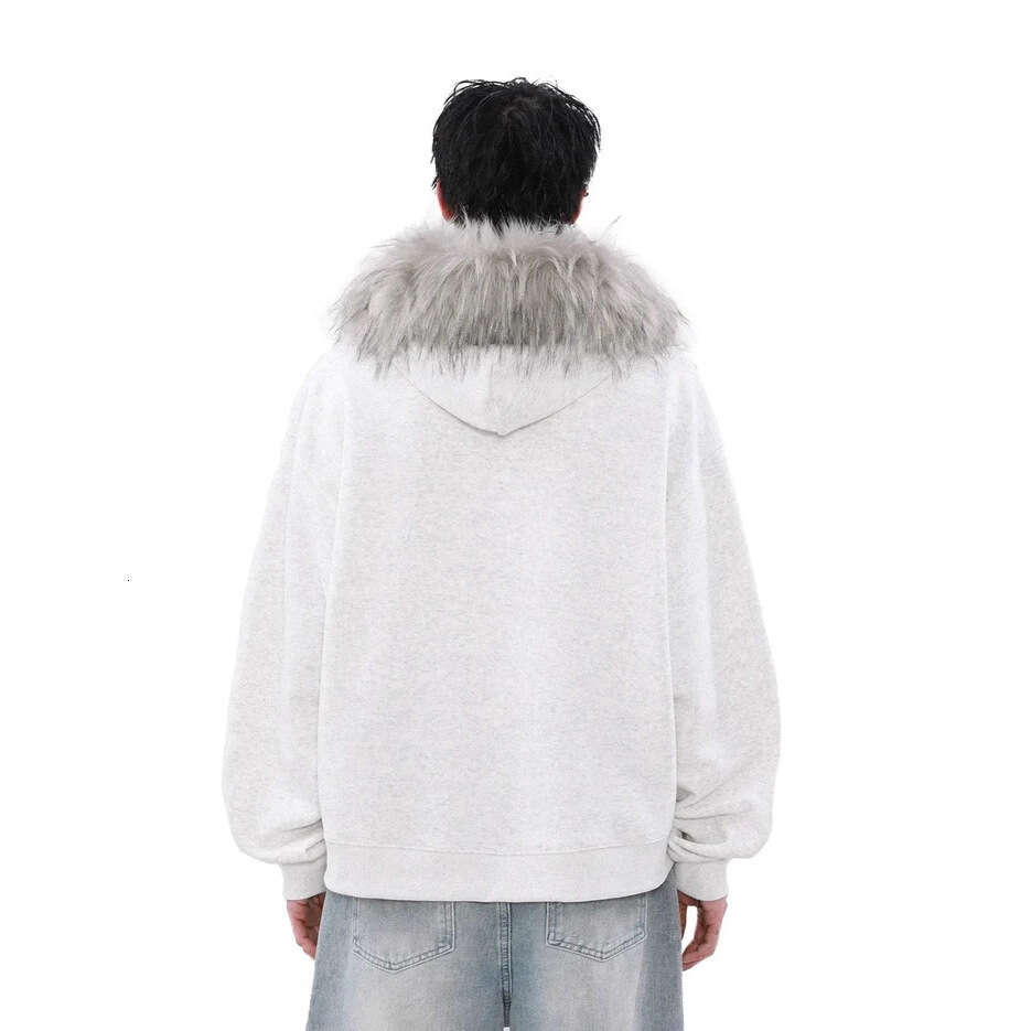 American Style Fur Collar Couple Hooded Zipper Lace-up Cardigan Sweatshirt Autumn Winter Warm Trendy Brand Design Jacket