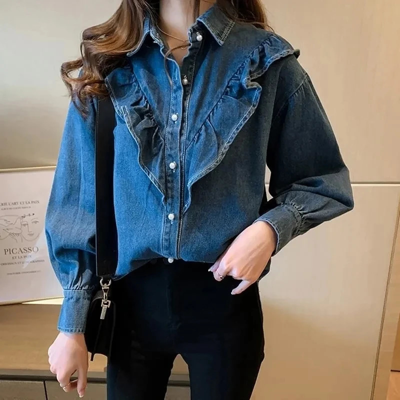Korean Female Long Sleeved Denim Shirt Coat Spring Autumn Women Leisure Loose Fitting Jeans Coat Ladies Fashion Cowboy Blouse 250811A