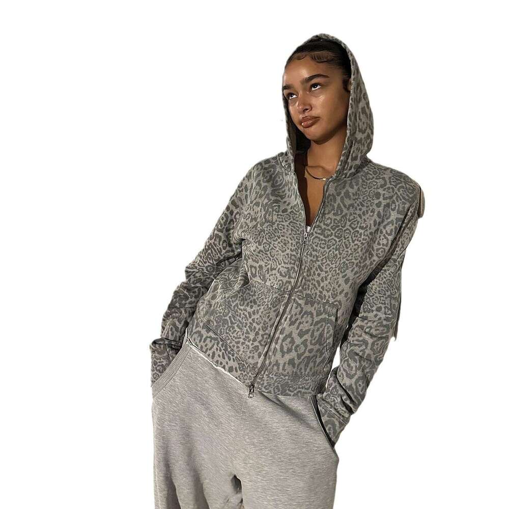 Autumn New American Style Leopard Digital Print Hoodie Loose Zipper Cardigan Sweatshirt