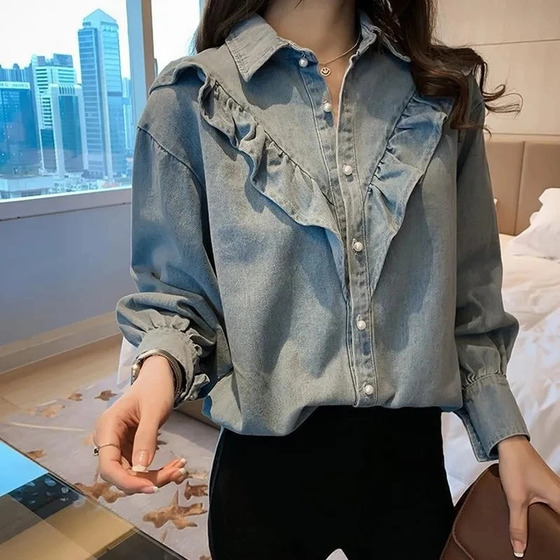 Korean Female Long Sleeved Denim Shirt Coat Spring Autumn Women Leisure Loose Fitting Jeans Coat Ladies Fashion Cowboy Blouse 250811A