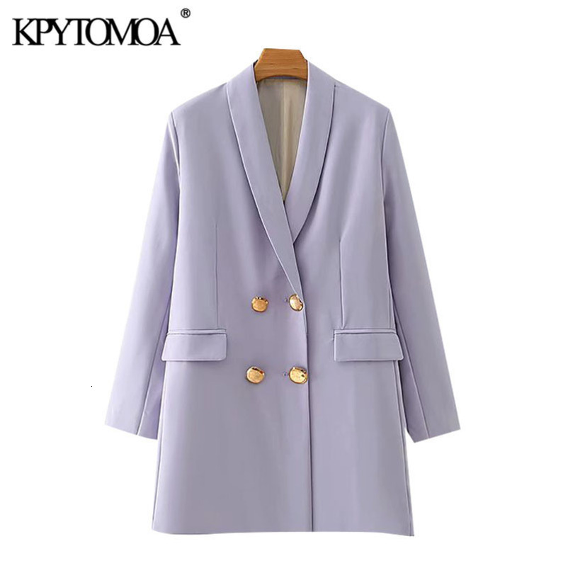KPYTOMOA Women Fashion Double Breasted Longline Blazers Coat Vintage Long Sleeve Pockets Female Outerwear Chic Tops 201102