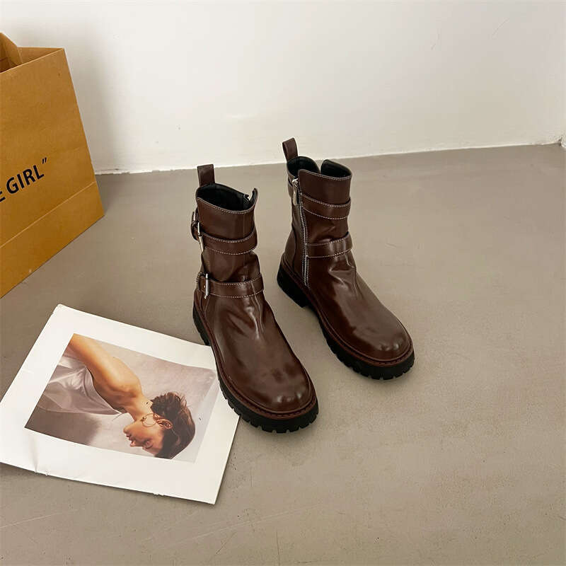 2025 Autumn Winter New Round Toe Chunky Heel Martin Thick Sole Motorcycle Short Belt Buckle Knight Long Boots Women
