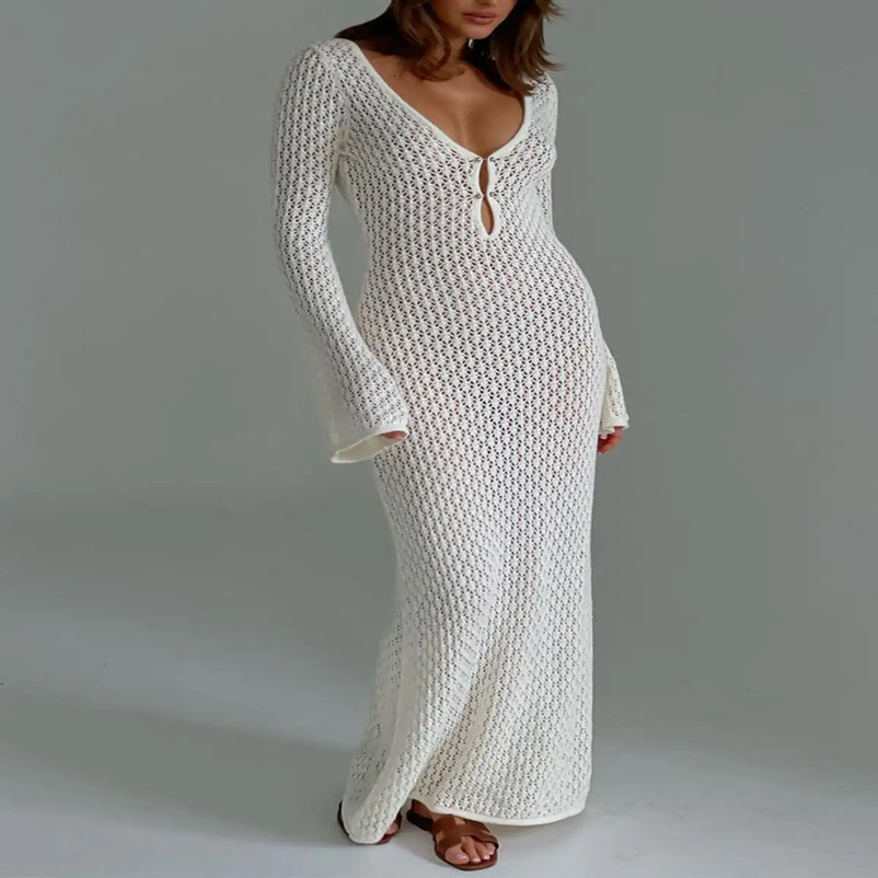 Sexy Cover Up Long Sleeve Dress Women Backless Beach Wear Bathing Suit Knitting Swimwear knitted Tunic Robe 240628
