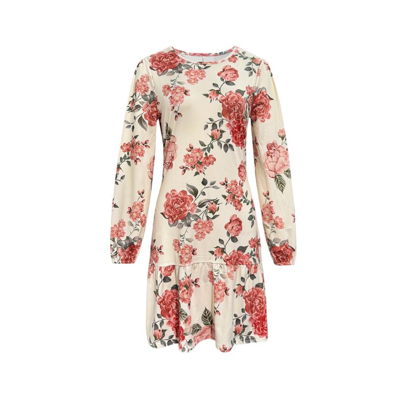 Women's Long Sleeve Floral Print Ruffled Hem Dress Elegant Vacation Apricot Dress-CF52796