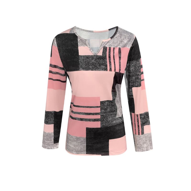 Women's Long Sleeve Notch V-Neck Geometric Plaid Print Top - Vintage Autumn Winter Casual Versatile Pink T-Shirt-CF40571