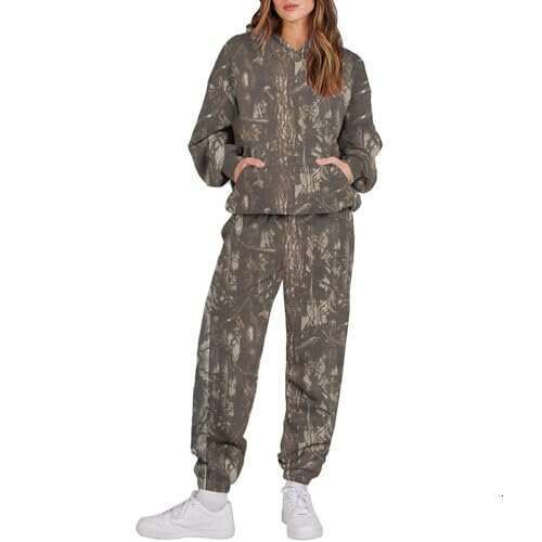 Women's Camouflage Leaf Sports Two-Piece Hooded Long Sleeve Sweatshirt and Sweatpants Set