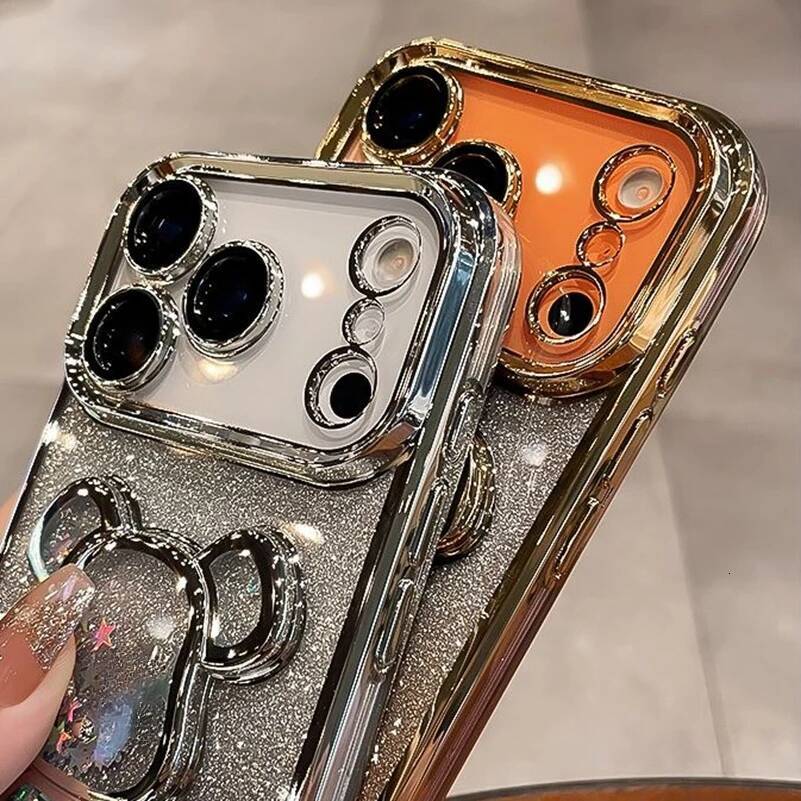 Cute Plating Quicksand Bear Case for iPhone 17 16 15 14 13 12 11 Pro Max Plus Air Glitter Bling Camera Protector Cover