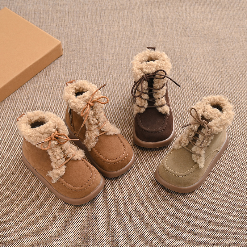 Winter new Korean style children's warm short boots, girls' anti slip side zipper Martin boots, boys' wool lined cotton boots, versatil
