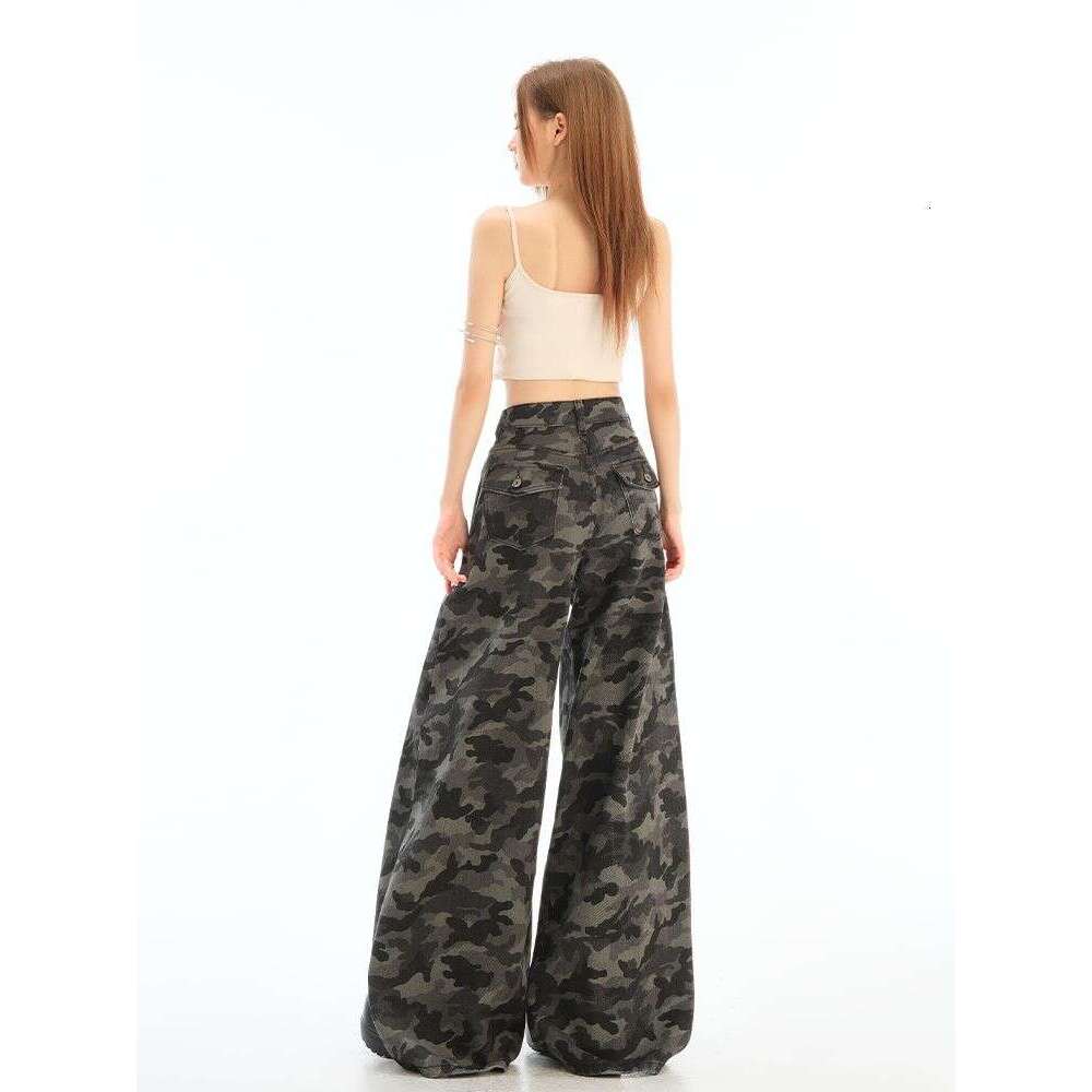 American High Street Workwear Wide-Leg Camouflage Jeans For Petite Women 2025 New High-Waisted Slimming Loose Straight