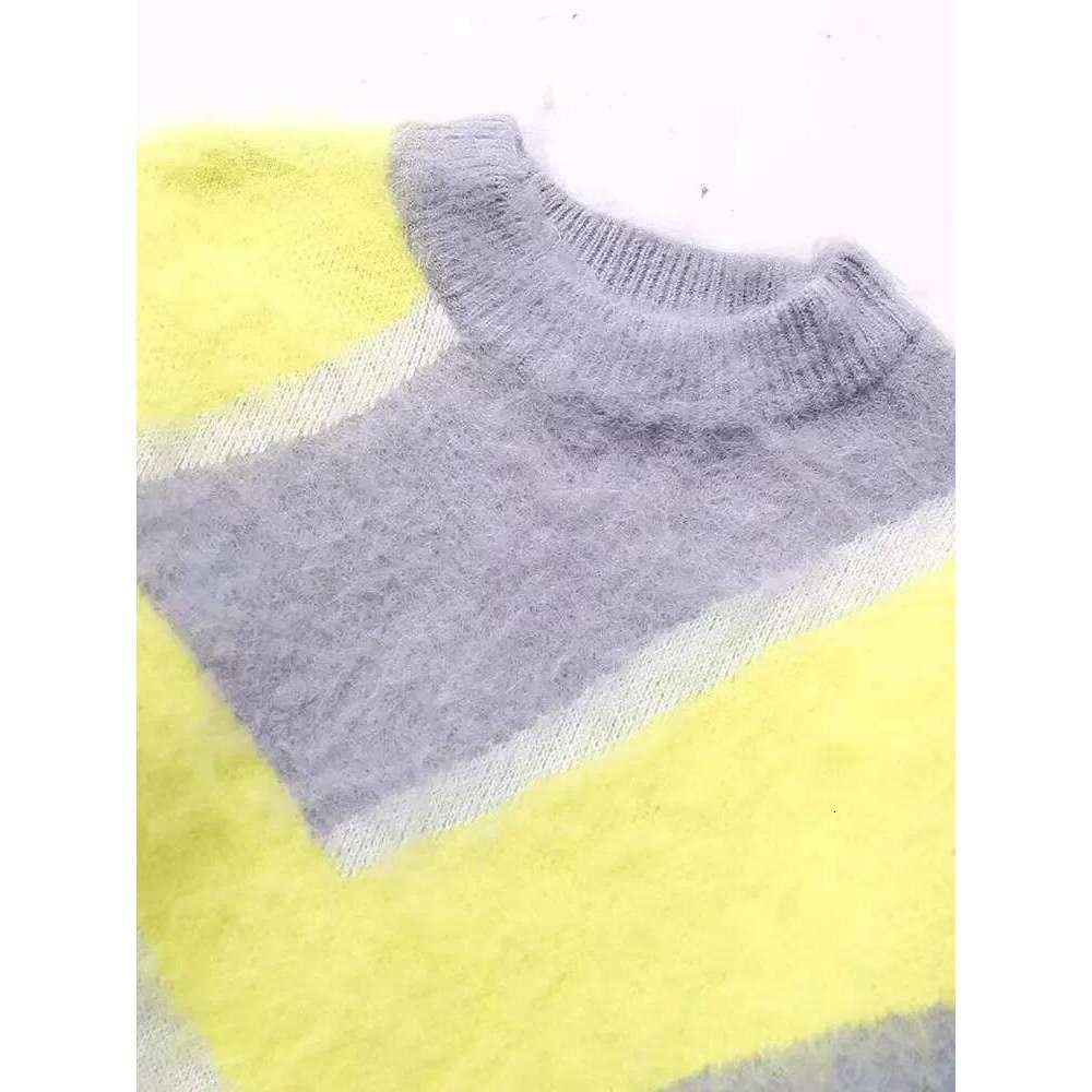 2024 Autumn Winter Women Contrast Patchwork Knitted Sweater Fashion Long Sleeve Vintage O-Neck Causal Pullover Loose Tops