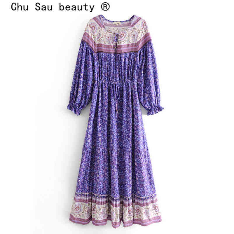 Chu Sau beauty Fashion Boho Style Floral Printed Maxi Dress Women Holiday Chic Lady's Sashes Dresses Female Beautiful Beachwear 210508