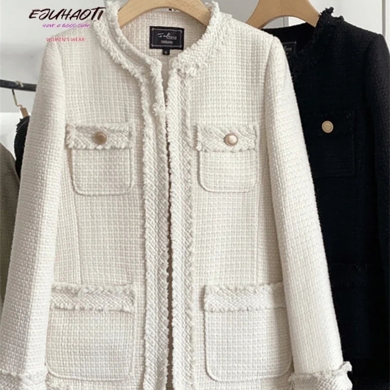 Womens Jacket Small Fragrance Coat In Autumn Winter Korean Fashion O-Neck Tweed Vintage Outerwear Loose All-match Tops 240712
