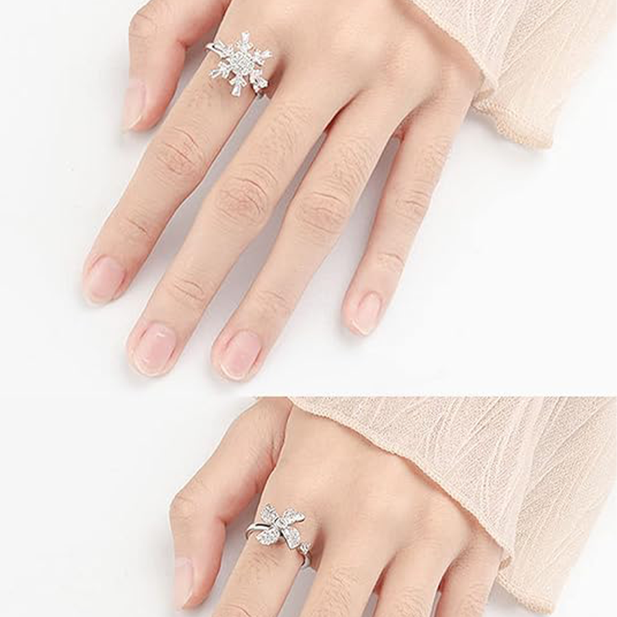 6Pcs Relieve Anxiety Rings CZ Beads Star Sunflower Snowflake Fidget Relief Spinner Adjustable Open Rings Set for Women Men Stackable Rings Wedding Wor