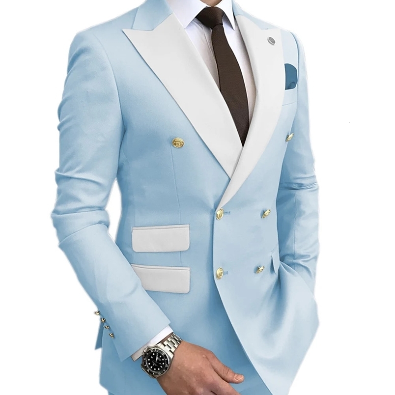 Clothing Pour Hommes light blue smoking jacket pants gold buttons party evening gown double breasted mens suit wedding groom set 240929